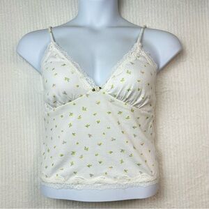 New Pink Rose Juniors White Lemons Print Lace Trim Tank Top Size L